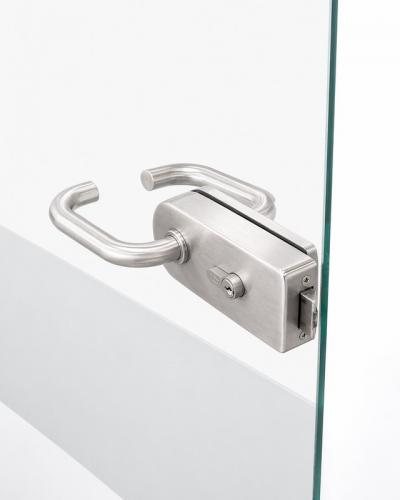 Zamek do drzwi szklanych okrągły, lewy stal nierdzewna      